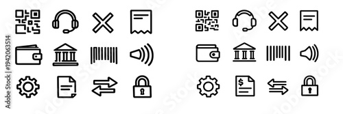 Set of black line icons for business finance and technology including qr code wallet bank gear and padlock on white background
