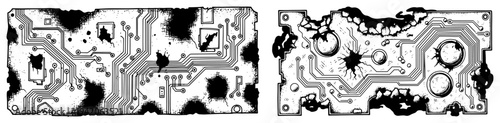 Damaged futuristic circuit board panels with burn marks and technical components in vector style