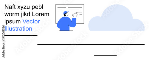 Education, cloud computing, online learning, data management, teamwork, presentation skills. A person writing on a board next to a cloud shape. Education and cloud computing concept