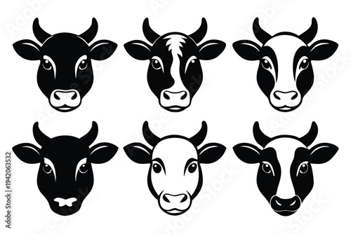 set of cow head silhouette line art vector illustration with a white background