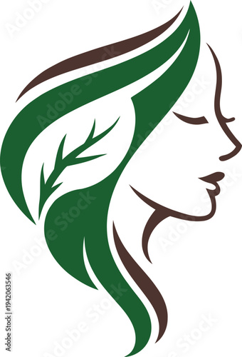Stylish woman profile with leaf element representing herbal skincare and eco beauty products. Suitable for beauty salons, organic cosmetics, wellness brands and spa businesses.