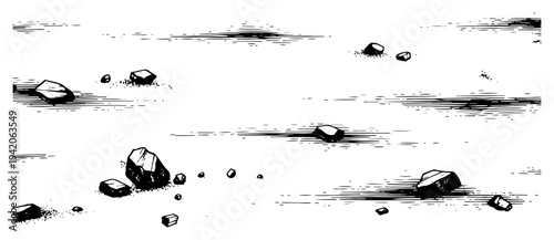 Minimalist desert landscape with scattered rocks and distant horizon in hand drawn graphic style