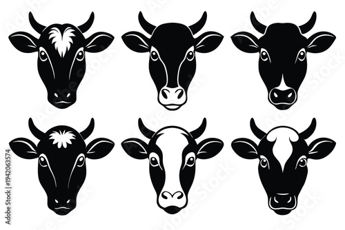 set of cow head silhouette line art vector illustration with a white background