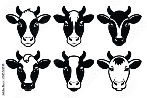 set of cow head silhouette line art vector illustration with a white background