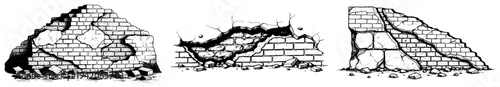 Set of broken brick wall ruins and crumbling stone structures in engraving style