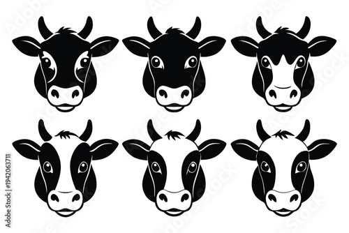 set of cow head silhouette line art vector illustration with a white background