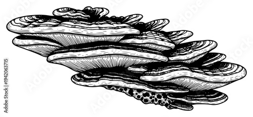 Detailed hand drawn illustration of bracket mushrooms or shelf fungi in engraving style