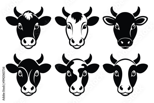 set of cow head silhouette line art vector illustration with a white background
