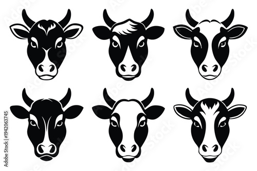 set of cow head silhouette line art vector illustration with a white background