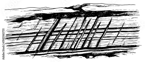 Geological cross section of ground layers with wooden posts in hand drawn sketch style