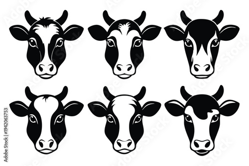 set of cow head silhouette line art vector illustration with a white background