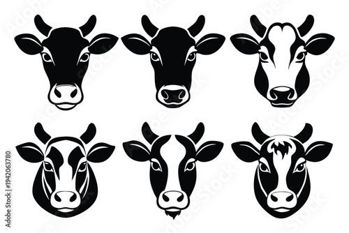 set of cow head silhouette line art vector illustration with a white background