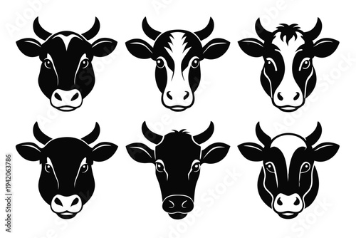 set of cow head silhouette line art vector illustration with a white background