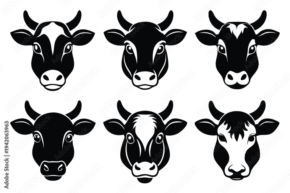 Obraz premium set of cow head silhouette line art vector illustration with a white background