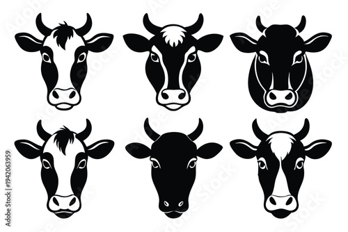 set of cow head silhouette line art vector illustration with a white background
