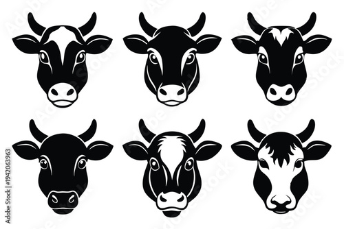 set of cow head silhouette line art vector illustration with a white background