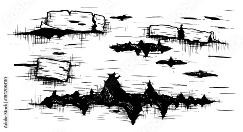 Collection of birch tree bark textures and peeling wood fragments in vintage hand drawn style