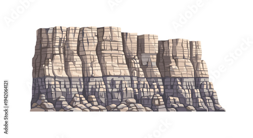 A detailed illustration showcases a layered rock formation or canyon wall, featuring distinct horizontal strata of light beige and darker greyish-blue rock, isolated on a plain white background.