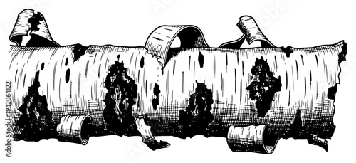 Detailed birch tree log with peeling bark and textured surface in vintage engraving style