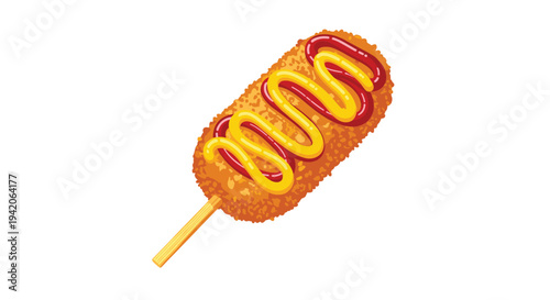 A single, golden-brown corn dog, generously coated in crispy breading and artfully drizzled with vibrant yellow mustard and red ketchup, is skewered on a wooden stick, isolated on a white background.