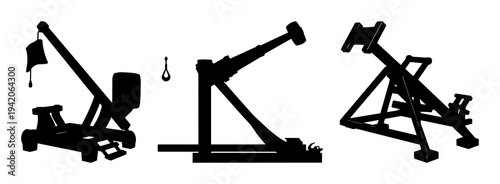 Trebuchet set with solid black silhouette and flat 2D vector detail featuring medieval siege engine, black outline, medieval artillery with silhouette and white background