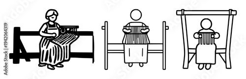 Weaver's loom pictogram set with minimalist design featuring person, loom, textile craft symbol with bold lines and white background