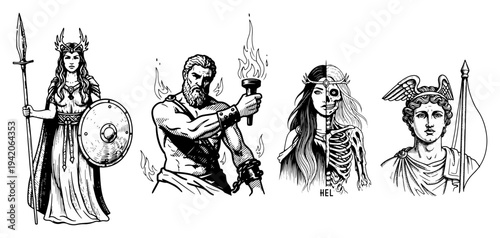 Norse mythology characters set including Valkyrie goddess Hel and bearded warriors