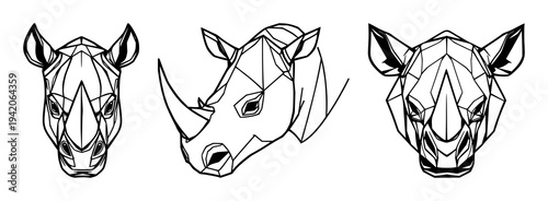 Rhino head set with symmetrical line art of heavy polygonal lines on white background featuring modern style, illustration, vector graphics with geometric and schematic and artistic