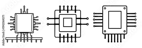 Quantum computer chip set with flat vector icon and sleek lines featuring next-gen technology, symbol, isolated on white background with minimal and grayscale