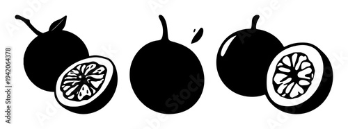 Passion fruit set with half exposed and close‑up of a seed‑filled core rendered in solid black lines featuring exotic superfruit, tropical flavour, bold illustration with texture and contrast