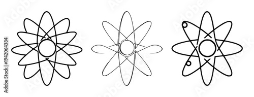 Atom icon set with sleek geometric lines and clean circles on a white background featuring physics, science, vector with modern and minimal