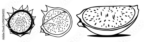 Dragon fruit slice set with digital glitch effect featuring futuristic, cyber and contemporary with sharp lines and sci-fi aesthetic