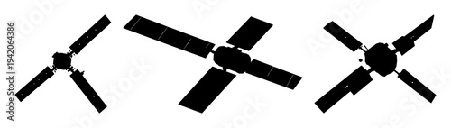 Orbital satellite set with solid black silhouette design featuring solar wings, space exploration, technology with futuristic elements and astronomy themes