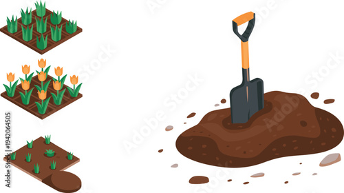 Isometric gardening tools and plant beds, shovel digging soil with growing plants garden cultivation farming concept isolated illustration