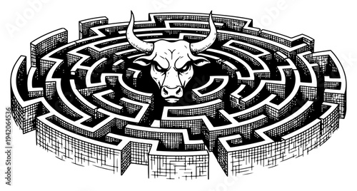 Minotaur bull head inside complex circular stone labyrinth maze in detailed vintage graphic style