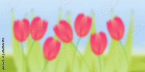 Soft spring green gradient background with blurred tulips flowers. Mesh texture, softly blurred leaves Botanical vector background