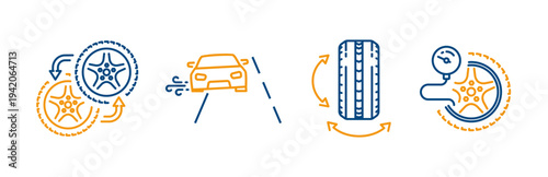 tire service icons, set icon of wheel changing, tire punctured on road, wheel alignment and inflation, outline editable stroke