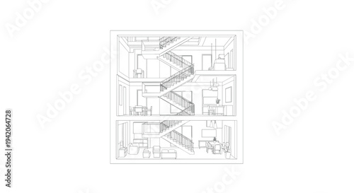 A detailed line drawing illustrates a three-story building interior with a central spiral staircase connecting each floor, featuring outlined furniture.