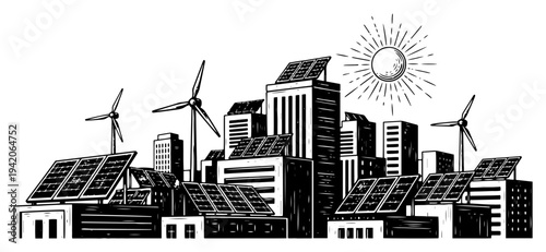 Sustainable green city concept with solar panels on buildings and wind turbines for renewable energy