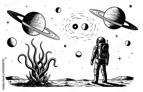 Astronaut standing on alien planet surface looking at cosmic scenery with planets and strange plants