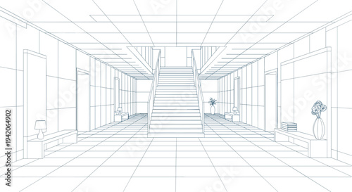 A wide-angle wireframe perspective drawing depicts a grand, symmetrical hall with a large central staircase and grid lines on all surfaces.