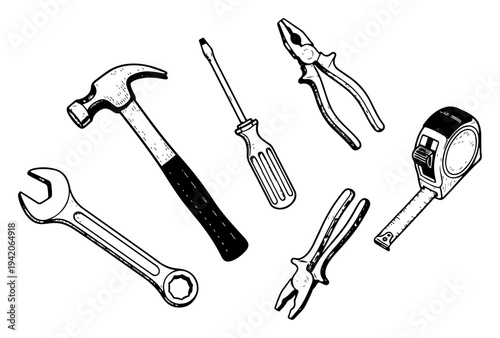 Collection of common hand tools including hammer wrench and screwdriver in clean vintage engraving style