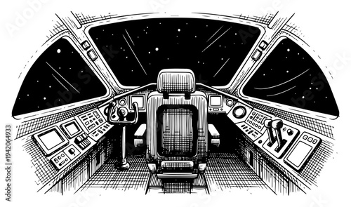 Detailed interior of a spaceship cockpit with dashboard view of stars in hand drawn engraving style
