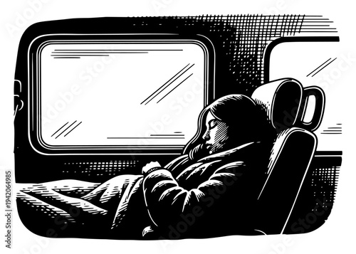 Hand drawn woodcut style illustration of a woman sleeping peacefully in a train compartment