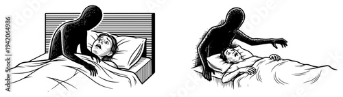Illustration set showing sleep paralysis and nightmare concepts with a dark shadowy figure lurking over a sleeping person