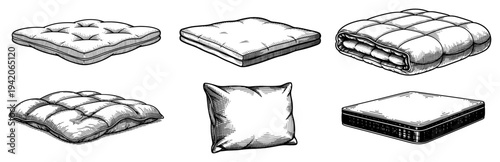 Set of bedroom bedding items including pillows mattress and duvet in hand drawn style