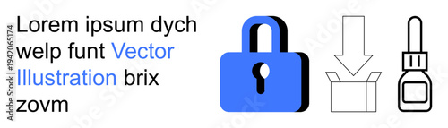 Data protection, cybersecurity, software download, e-commerce, packaging, and medical tools. Blue padlock, box with arrow and dropper bottle. Data protection and cybersecurity icons