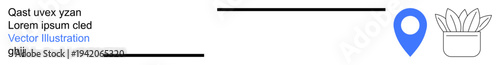 Navigation, location services, sustainability, eco-friendly living, gardening, modern design. Blue map pin next to a minimal plant pot icon. Location services and sustainability concept