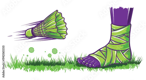 A conceptual vector illustration depicting a sports injury recovery, featuring a human foot with a medical bandage wrap resting on grass, accompanied by a motion-blurred badminton shuttlecock