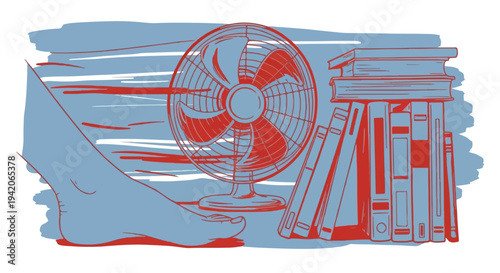 Conceptual Illustration of Home Study Environment with Books and Electric Fan